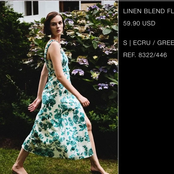 Zara linen blend floral print dress green floral small New with tags - Picture 2 of 5